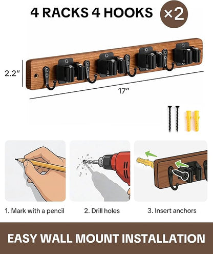 Lorbro 2 Pack Broom Holder Wall Mount, Wooden Broom and Mop Organizer Wall Hanging, Mop Hanger Rack with 4 Slots & 4 Hooks, Tool Organizer for Laundry Room, Closet, Garage, Kitchen