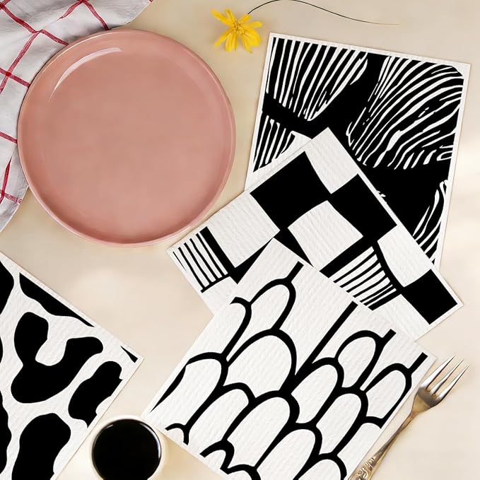 6 Pack Swedish Dishcloths, Black White Geometric Reusable Washable, Quick Drying, Dishwasher Safe for Kitchen Home Cleaning，Kitchen Gifts for Women