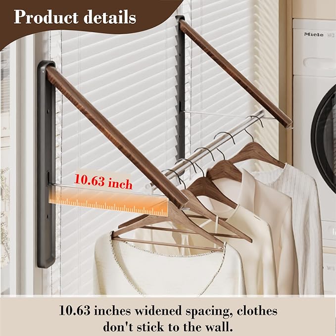 Retractable Wall Mounted Drying Rack - Foldable Clothes Hanger in Walnut or Oak Color for Laundry Room, Closet & Balcony (Walnut, 2 Racks + Rod)