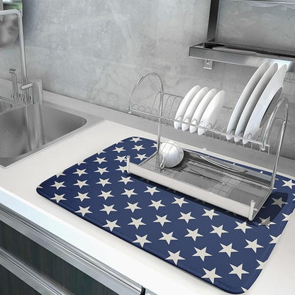Patriotic July of 4th Blue Star Dish Drying Mat for Kitchen Counter 18x24 Memorial Independence Day Absorbent Reversible Microfiber Drying Mats Kitchen Countertop Protector Dishes Drainer Pad