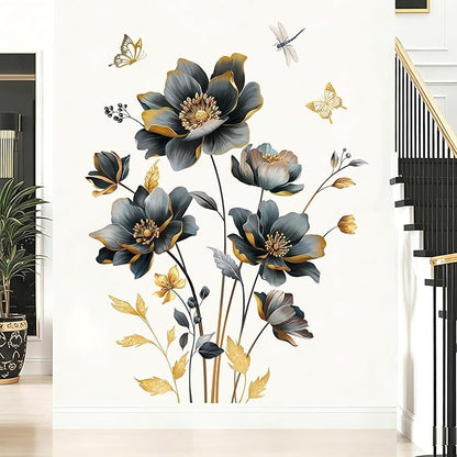 wondever Black Gold Flowers Wall Stickers 3D Floral Butterfly Peel and Stick Wall Art Decals for Living Room Bedroom Sofa TV Background
