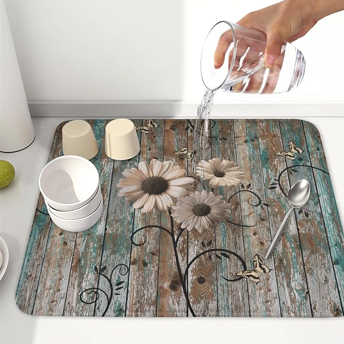 Spring Daisy Dish Drying Mat for Kitchen Counter 16 x 18 Inch Vintage Farmhouse Dish Drainer Mat Absorbent Microfiber Shabby Chic Flowers Dish Rack Pad for Coffee Dining Bar Decor