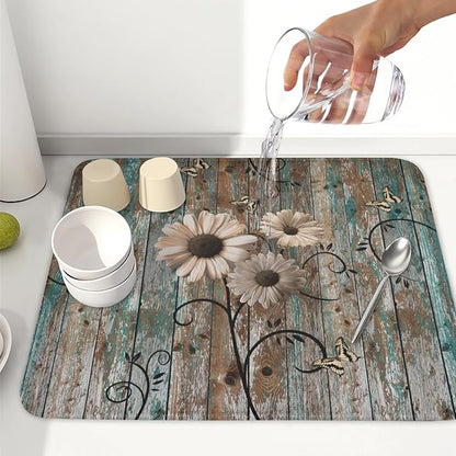 Spring Daisy Dish Drying Mat for Kitchen Counter 16 x 18 Inch Vintage Farmhouse Dish Drainer Mat Absorbent Microfiber Shabby Chic Flowers Dish Rack Pad for Coffee Dining Bar Decor