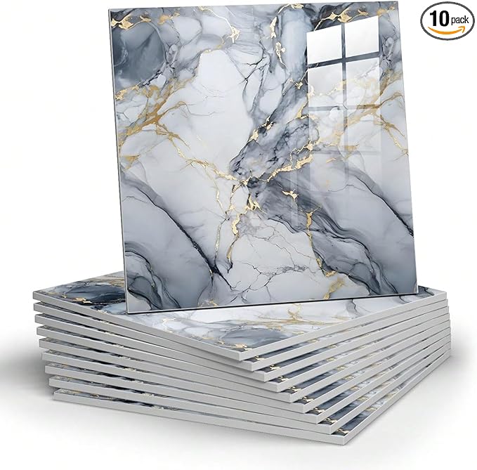 Chejiaye 10pcs Marble Peel and Stick Backsplash Waterproof Washroom Wall Panels, Peel and Stick Tile, PVC Foam Wall Panels for Kitchen,Bathroom,Living Room,Blue and Gold(Not Real Tile,11.8" x 11.8")