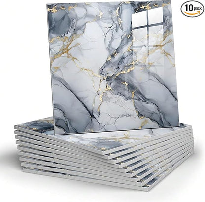 Chejiaye 10pcs Marble Peel and Stick Backsplash Waterproof Washroom Wall Panels, Peel and Stick Tile, PVC Foam Wall Panels for Kitchen,Bathroom,Living Room,Blue and Gold(Not Real Tile,11.8" x 11.8")
