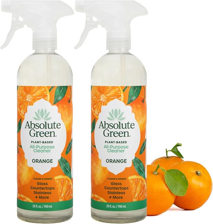 Absolute Green All Purpose Cleaner Spray, Non-Toxic, Kitchen, Bath, Countertop, Stainless, Safe around Kids + Pets, Natural Orange Scent, 25 oz (2 Pack)