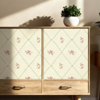 GloryTik Vintage Floral Wallpaper Peel and Stick, Removable Beige Flowers Contact Paper, Self Adhesive Wall Paper for Bedroom Living Room Cabinets Bedroom Vinyl Rolls (17.3" x 78.7")