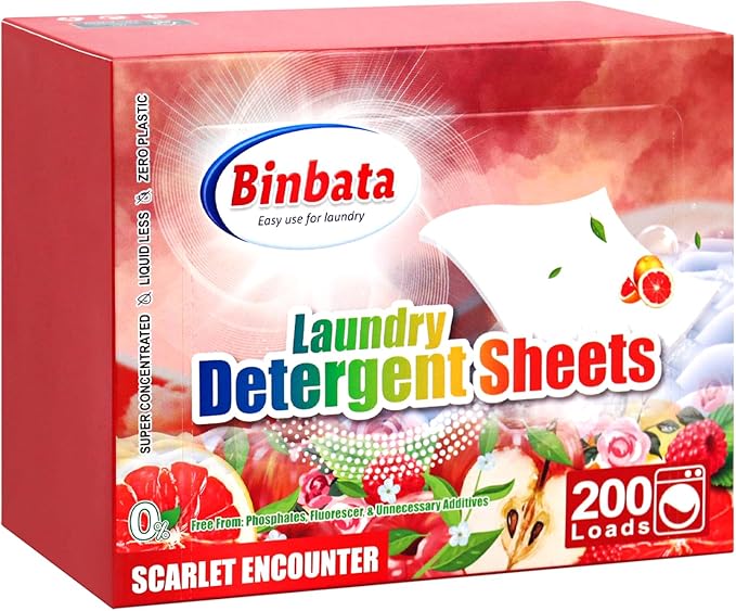 Binbata Laundry Detergent Sheets, 200 Loads Scarlet Encounter Scent Hypoallergenic Eco Laundry Sheets, Biodegradable Plastic Free Liquidless Laundry Sheets Detergent Suitable for Sensitive Skin