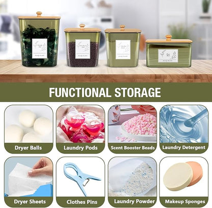 Zingbee 4 Pack Laundry Pods Container & Dryer Sheet Holder, Plastic Pod Holder with Lids & Scoops, Laundry Room Organization and Storage Sets for Powder, Detergent, Scent Booster