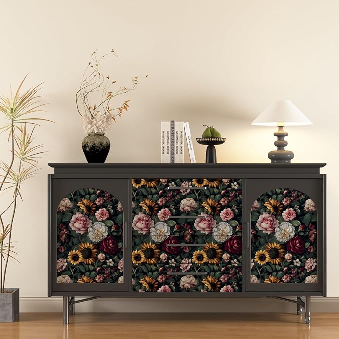 Dark Green Floral Wallpaper Peel and Stick, Vintage Botanical Wallpapers Self-Adhesive Contact Paper for Bedroom Bookshelf Cabinet, Removable Vinyl Wall Paper Black Yellow Pink 17.5In x 118In
