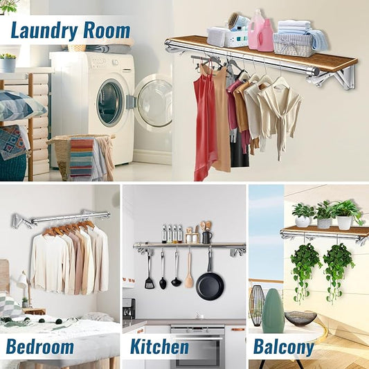 Foldable Wall Mounted Clothes Rack-30'' Long Rod&2 Thick Bases,Stainless Steel,Multi-Purpose for Space-Saving Garment Rack/Clothes Drying Rack/Clothes Hanger,Detachable and Top Shelf Room Reserved