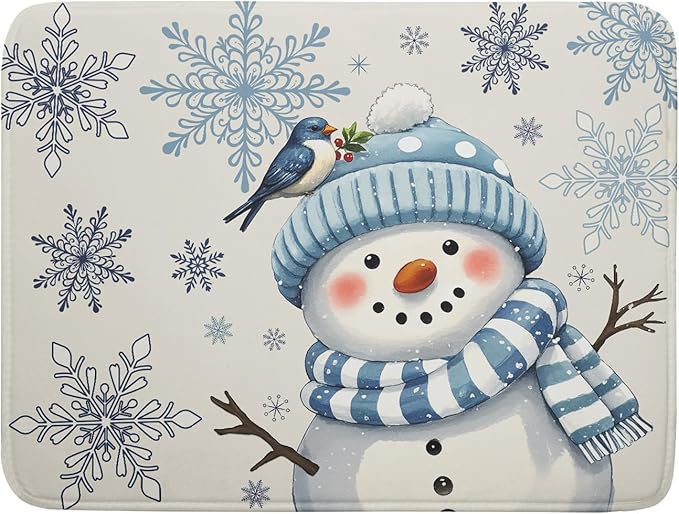 Winter Snowman Dish Drying Mat for Kitchen Counter 18x24 Blue Snowflake Bird Christmas Holiday Absorbent Reversible Microfiber Drying Mats Kitchen Countertop Protector Dishes Drainer Rack Pad