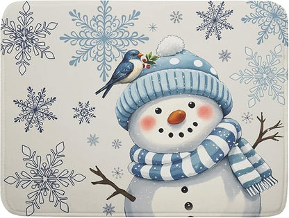 Winter Snowman Dish Drying Mat for Kitchen Counter 18x24 Blue Snowflake Bird Christmas Holiday Absorbent Reversible Microfiber Drying Mats Kitchen Countertop Protector Dishes Drainer Rack Pad