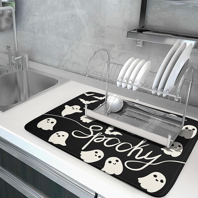 Halloween Dish Drying Mat for Kitchen Counter 18x24 Cute Ghost Black Spooky Holiday Scary Theme Absorbent Reversible Microfiber Drying Mats Kitchen Countertop Protector Dishes Drainer Pad