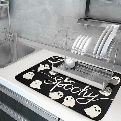 Halloween Dish Drying Mat for Kitchen Counter 18x24 Cute Ghost Black Spooky Holiday Scary Theme Absorbent Reversible Microfiber Drying Mats Kitchen Countertop Protector Dishes Drainer Pad