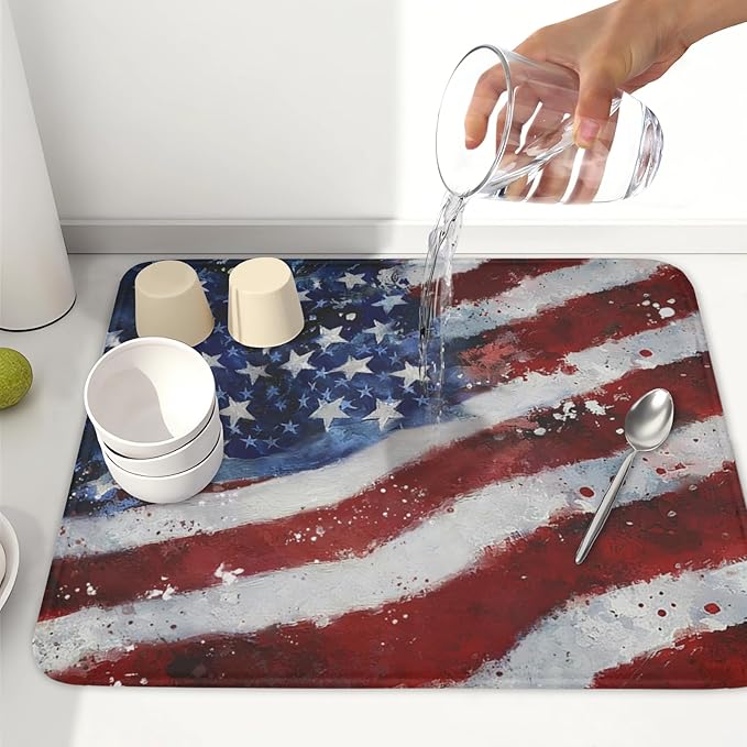 4th of July Dish Drying Mat 18x16 Inch, Patriotic Drying Mat with Absorbent Reversible Microfiber, Independence Day Dish Drainer Mats Memorial Day Rack Pad for Coffee Countertop Kitchen Protector