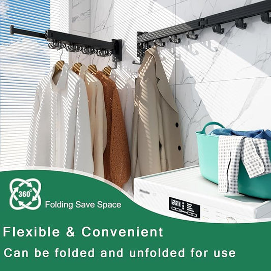 Kelisiting Wall Mount Clothes Drying Rack, Wall Mounted Drying Rack, Upgraded 3-Fold & Sturdy Laundry Drying Rack with 12 Dual-Side Hooks Space Saver for Laundry Room, Apartment, Dorms - Black