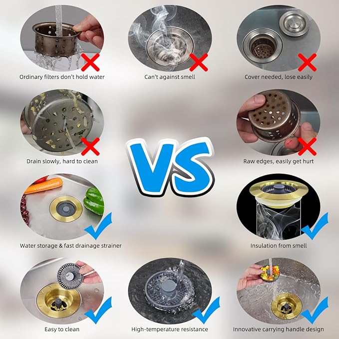 Hibbent 2 Pack Upgraded 3 in 1 Kitchen Sink Drain Strainer and Stopper Combo, Stainless Steel Metal Pop Up Sink Stopper, Anti-Clogging Basket Strainer for US Standard 3-1/2 Inch Drain, Brushed Gold