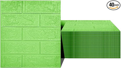 3D Wall Panels, 58 sq.feet Coverage, Printable Wallpaper Sticker with Self-Adhesive Waterproof Brick PE Foam Wall Panels Peel and Stick for Interior Wall Decor, Home Decoration 40 PCS Green