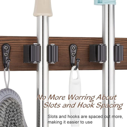OUTNILI Mop Broom Holder Wall Mount with 3 Slots & 4 Hooks - Wood Broom Mop Hanger for Pantry Kitchen Organization - Garden Tool Organizer for Closet Laundry Room - for Rustic Farmhouse Kitchen Decor