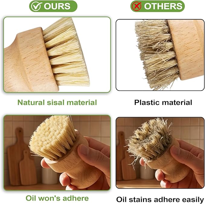 Bamboo Dish Scrub Brushes,Kitchen Wooden Cleaning Scrubbers Set with 100 Kitchen Sink Strainer Mesh Bags, 1 Kitchen Squeegee,4 Pack Round Mini Dish Brush with Ceramic Holder for Kitchen Sink Cleaning
