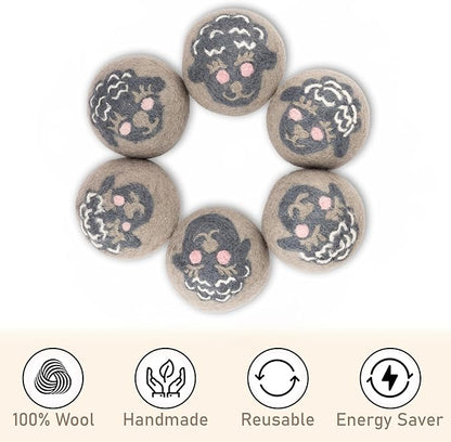 Wool Dryer Balls – Sheep Design Dryer Balls Laundry Reusable – Natural Fabric Softener – 100% Pure New Zealand Wool – Handcrafted in Nepal – 6 Pack Laundry Balls for Dryer