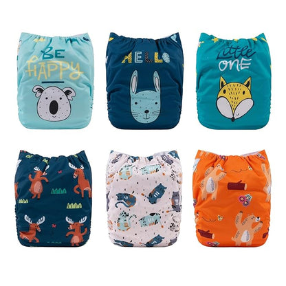 babygoal Baby Reusable Cloth Diapers 6 Pack+6pcs Rayon from Bamboo Inserts+Wet Bag, One Size Adjustable Washable Pocket Nappy Covers for Boys