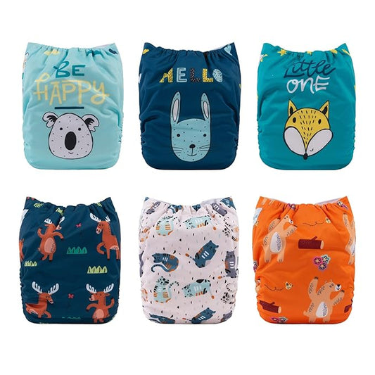 babygoal Baby Reusable Cloth Diapers 6 Pack+6pcs Rayon from Bamboo Inserts+Wet Bag, One Size Adjustable Washable Pocket Nappy Covers for Boys