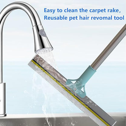 2 in 1 Carpet Rake for Pet Hair Removal Tool 54" Long Handle Rug Rake Dog Cat Hair Remover Broom with Dog Hair Grooming Glove Metal Pet Hair Removal Pro for Woodfloor Mat Stair Couch Car (Blue)