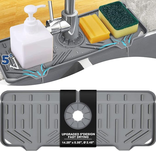 BFONS Silicone Faucet Handle Drip Catcher Drying Tray Mat Dish Soap Sponge Holder Accessories Gadgets for Kitchen Counter Bathroom Kitchen Sink Splash Guard -Grey