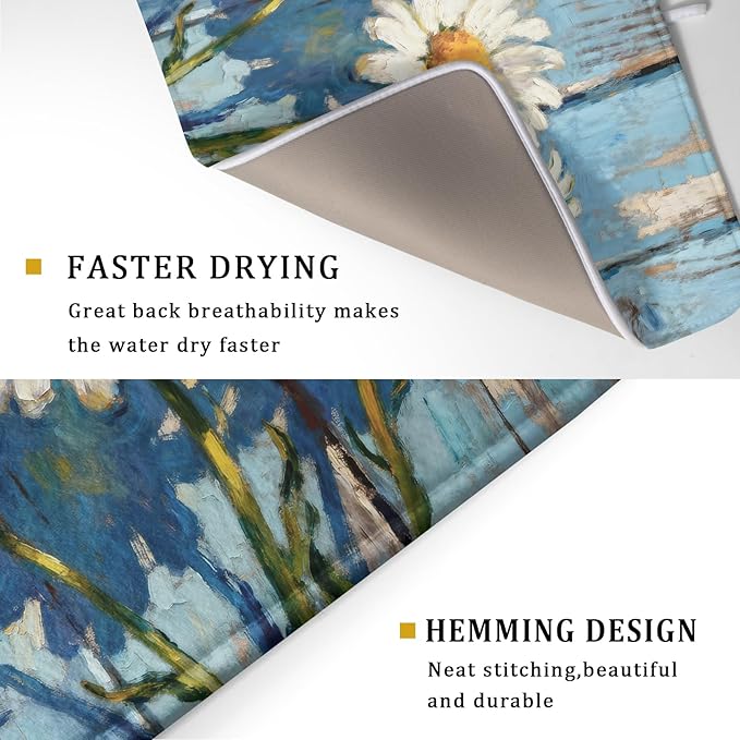 Daisy Floral Dish Drying Mat for Kitchen Counter 18x24 Spring Summer Theme Woodgrain White Flower Seasonal Absorbent Reversible Microfiber Drying Mats Kitchen Countertop Protector Dishes Drainer Pad