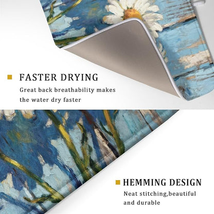 Daisy Floral Dish Drying Mat for Kitchen Counter 18x24 Spring Summer Theme Woodgrain White Flower Seasonal Absorbent Reversible Microfiber Drying Mats Kitchen Countertop Protector Dishes Drainer Pad