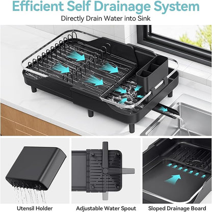 Urackify Expandable Dish Rack for Kitchen Counter,16.14"-23.62" Large Stainless Steel Dish Drying Rack with Adjustable Water Spout, Space Saving Dish Drainer with Auto Draining Cutlery Holder,Black