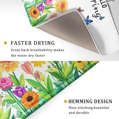 Hello Spring Flowers Green Dish Drying Mat 18 x 24 Inch With Absorbent Reversible Microfiber Butterfly Floral Spring Summer Drying Mats Fast Dry Pad Draining Mat For Kitchen Countertop