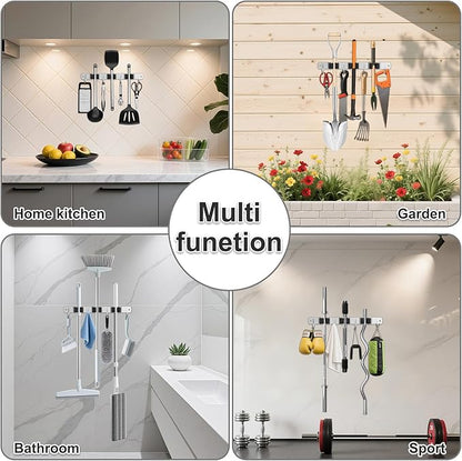 Broom Holder Wall Mount, Broom Organizer Wall Mount Stainless Steel Broom and Mop Hanger Heavy Duty Storage Organization for Home Kitchen Garden Garage Room 3 Racks 4 Hooks Black
