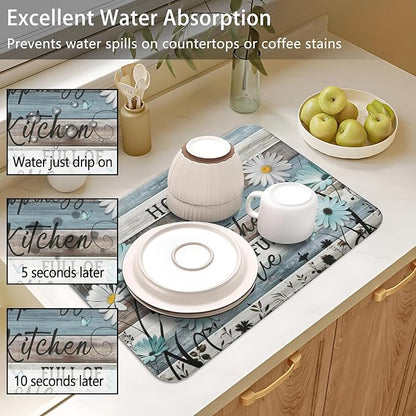 Dish Drying Mat for Kitchen Counter 2 Pack with Non-Slip Rubber Backing - Heat-Resistant Absorbent Coffee Bar Mat, Dish Rack Mat, Sunflowers on Blue Wooden Boards Dish Drying Mats 18x24+19.5x12 inch