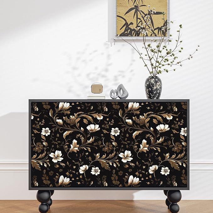 Fvlow Vintage Wallpaper Peel and Stick Black Floral Wallpaper Black White Wall Paper Vintage Leaf Contact Paper Waterproof Self-Adhesive Wall Covering for Bedroom Countertop Desk Cabinet 17.4" x 393"