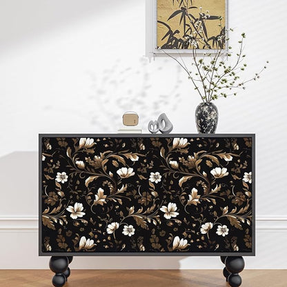 Fvlow Vintage Wallpaper Peel and Stick Black Floral Wallpaper Black White Wall Paper Gold Leaf Contact Paper Waterproof Self-Adhesive Wall Covering for Bathroom Countertop Desk Cabinet 17.4" x 118"
