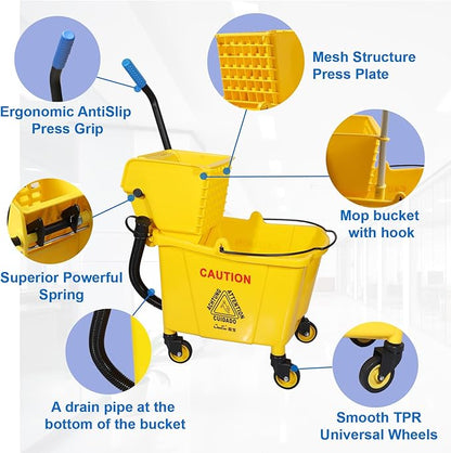 35 Qt. Side-Press Mop Bucket and Wringer Combo on Wheels Yellow for Professional/Industrial/Business Heavy-Duty Floor Cleaning/Mopping,Including Industrial Mop and Rubber Gloves