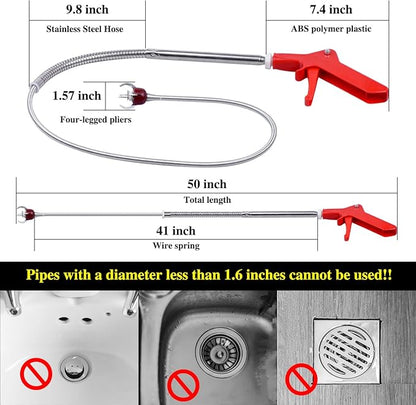 50 Inch Toilet Snake Drain Auger Cleaner Tool, Upgraded Grabber Unclogger Tool, Toilet Auger Clog Remover Tool, Stainless Steel Telescoping Rod for Pick/Grab Objects Clogged in Toilet Pipes/Drain