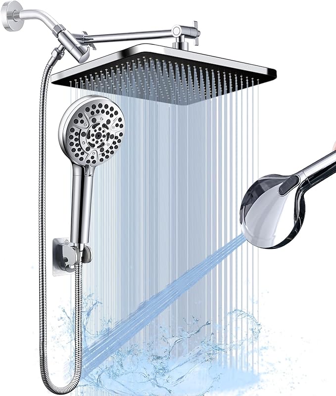 14'' High Pressure Rainfall Shower Head with Handheld-11Modes with Power Jets, Adjustable Rain Showerhead,Double Shower heads design,70"Hose&detachable Holder Upgrade for Tandem Bathroom