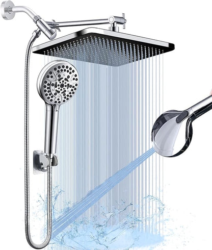 14'' High Pressure Rainfall Shower Head with Handheld-11Modes with Power Jets, Adjustable Rain Showerhead,Double Shower heads design,70"Hose&detachable Holder Upgrade for Tandem Bathroom