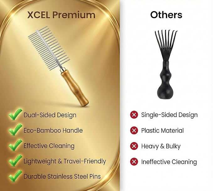 XCEL 2-in-1 Hair Brush Cleaner Tool, Dual-Sided Remover Comb for Removing Hair & Dust Buildup from Paddle, Boar Bristle & Detangling Brushes for Home & Salon Use