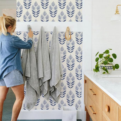 Naphite Tulip Floral Peel and Stick Wallpaper Vintage Leaf Boho Contact Paper for Cabinets Neutral Self Adhesive Wallpaper for Bedroom Bathroom Waterproof Farmhouse Wall Decor Navy 17.3inW 78.7inL