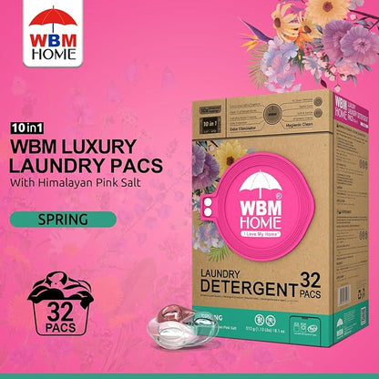 WBM Home Laundry Detergent Pods, Spring Fragrance Scent, 32 Count - HE Concentrated Laundry Pods with 10x Ultra Power Cleaning and 4D Laundry Stain Remover