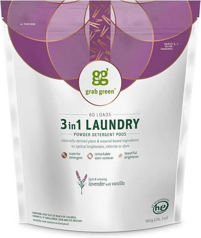 Grab Green Natural 3 in 1 Laundry Detergent Pods, Lavender + Vanilla-with Essential Oils, Organic Enzyme-Powered, Plant & Mineral-Based, White, 34 Oz, 60 Count