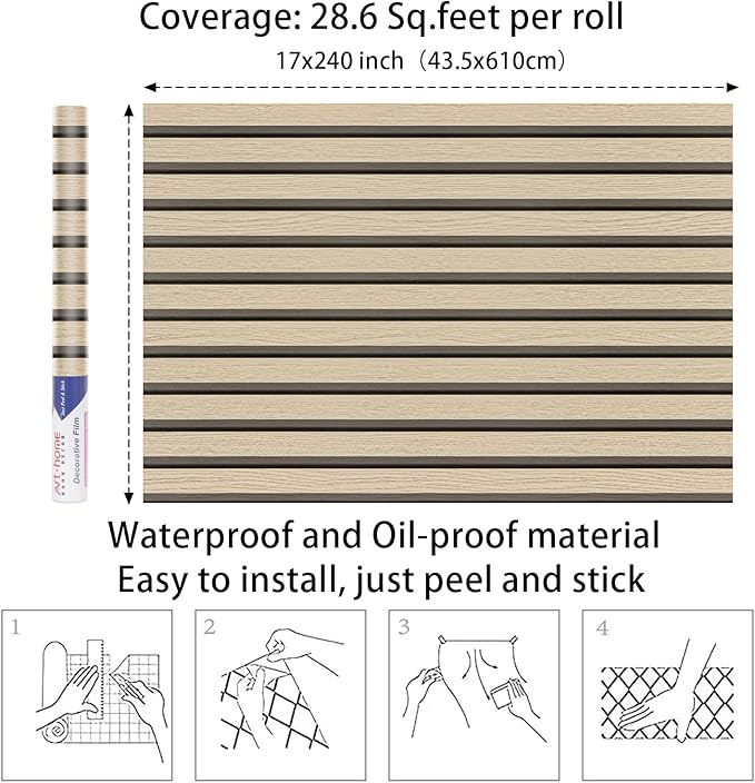 Arthome Wood Slat Wallpaper 17''x240'' Peel and Stick self Adhesive Wood Wallpaper PVC Vinyl Decorative Removable Wallpaper Waterproof Faux Wood Grating Stripe Contact Paper for Living Room (Oak)