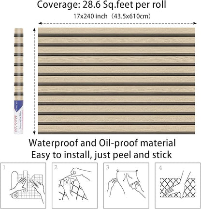Arthome Wood Slat Wallpaper 17''x240'' Peel and Stick self Adhesive Wood Wallpaper PVC Vinyl Decorative Removable Wallpaper Waterproof Faux Wood Grating Stripe Contact Paper for Living Room (Oak)