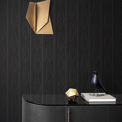JiffDiff Wallpaper Peel and Stick Textured, 3D Black Embossed Wall Paper Stick on Wallpaper Modern Waterproof Self Adhesive Contact Paper(17.3" x 1200")