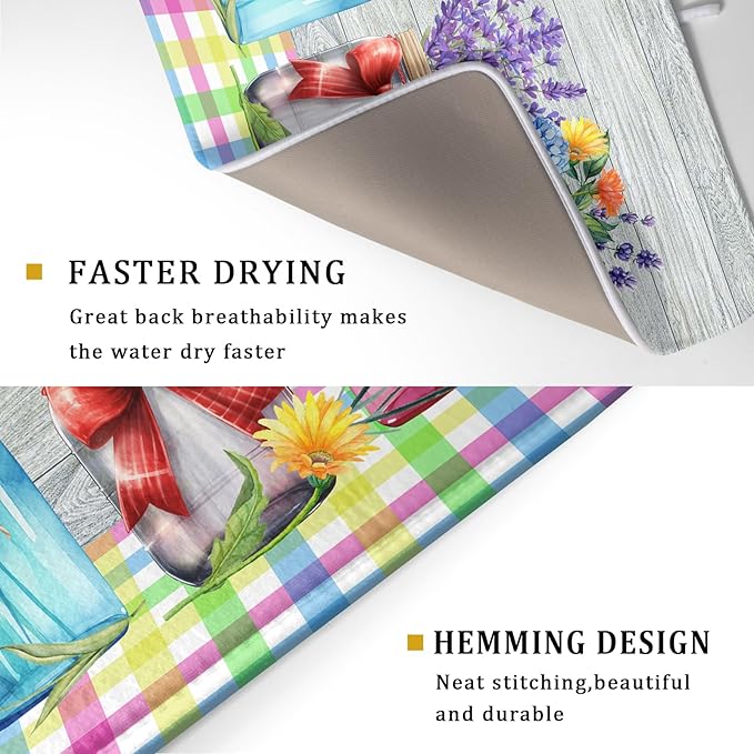 Kawani Spring Flowers Dish Drying Mat for Kitchen Counter 18"x24" Spring Floral Jars Drying Mat Soft Absorbent Microfiber Farmhouse Colorful Floral Dish Drainer Rack Mats for Counter tops